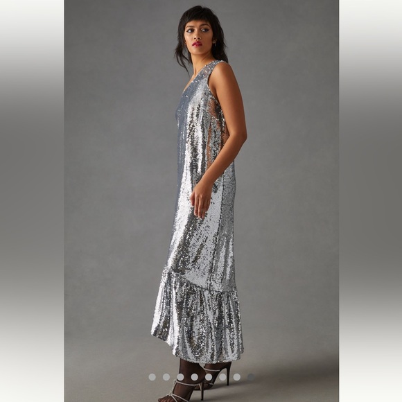 Maeve one shoulder silver sequin midi dress anthropologie sz large new nwt ✨ - Picture 9 of 14